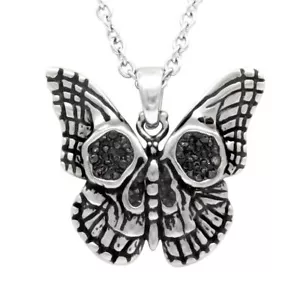 Stainless Steel Butterfly Skull  Necklace Cubic Zirconia Gothic Pendant - Picture 1 of 7