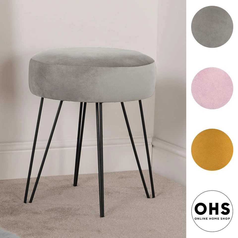 Dressing Table Stool Velvet Round Makeup Vanity Seat Chair Metal Legs Pouffe - Image 1 of 1