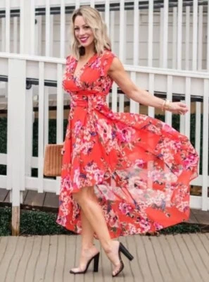 ELIZA J Orange Pink Floral Print High Low Chiffon Maxi Skirt Midi Dress 16W NWT - Image 1 of 4