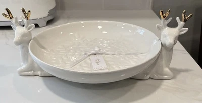 NWT White Ceramic Christmas Snowflake Shallow Bowl With Deer Gold Antlers - Image 1 of 4