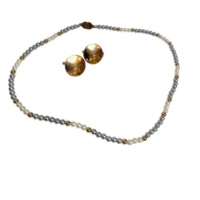 Monet Necklace and Clip On Earrings Faux Pearl Gold Tone Vintage Set - Image 1 of 4