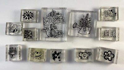 Provo Craft Set of 12 Clear Mounted Stamps GARDEN WELCOME Bee Flowers Ladybug - Image 1 of 4