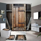 Retro Wood Door Shower Curtain Bathroom Toilet Lid Seat Cover Rug Mat Decor 