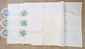 Vintage Crocheted White Pillowcases with Blue Flowers 34 in x 19 in White lace - Picture 1 of 10