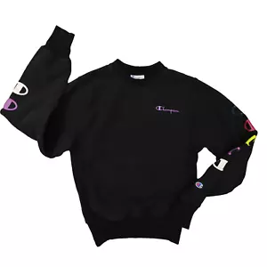 Champion Women's Crewneck Sweatshirt Reverse Weave Black Multicolor Size XS - Picture 1 of 7