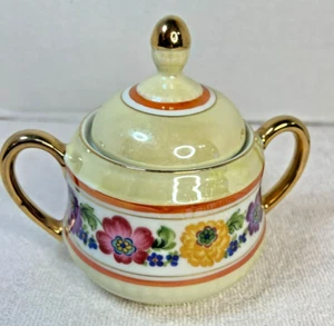 Schaller Bavaria Sugar Bowl Gold Gilt Trim Vintage yellow with purple flowers - Picture 1 of 11