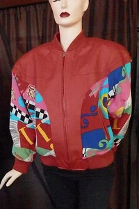 Unique Red Leather 25” Zip Jacket with Multi Color Abstract Rayon/Silk - sz10/12 - Picture 1 of 6