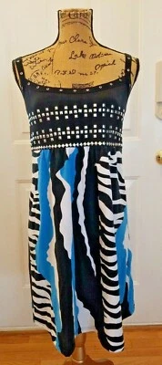 Joyous And Free Womens Medium Blue White and Black Tank Dress w/ Embellishments - Image 1 of 4