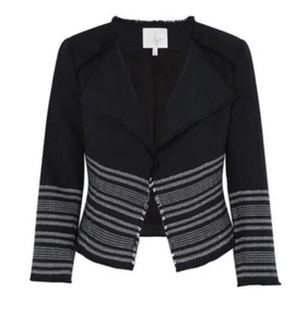 Joie Carver D Jacke Damen Größe Medium marineblau schwarz ausgefranster Saum vorne offen Tweed - Bild 1 von 12