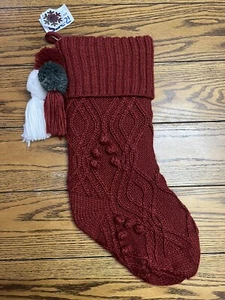 Christmas Stocking Burgundy Cable Knit With Pom Poms Holiday 20" - Picture 1 of 3