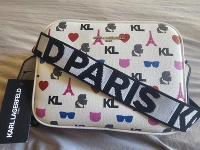 NWT Karl Laguerfield Paris Crossbody Bag, Medium Multicolor White Paris Cat Logo - Image 1 of 4