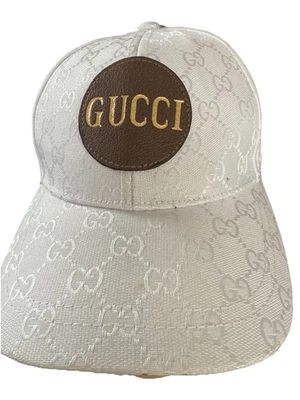 GUCCI Monograma Lana Cachemira Gorra de Béisbol Blanco Marrón Cuero Logo Parche OSFM Foto 1 de 4