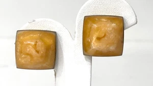 Vintage Bernstein Ohrclips eckig Butterscotch Cabochon messingfarben Modernist - Bild 1 von 8