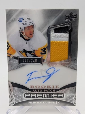 💥2022-23 UD Premier Rookie Auto Patch Filip Hallander #AR-FH Gold #/249 3-Color - Image 1 of 2