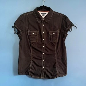 Y2K Tommy Hilfiger Shirt Women's Size Large 2011 Black Bow Cap Sleeve Button - Picture 1 of 8