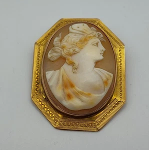 Antique Shell Cameo Woman Engraved 10k Solid Yellow Gold Brooch Pin Pendant - Picture 1 of 11