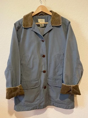 LL Bean Women's Canvas Barn Coat Size M Chore Blue Corduroy Collar Cuffs Flaw - Image 1 of 4