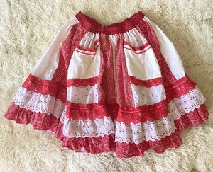Vintage Red HEARTS Lace Tier Skirt Square Dance Pleated POCKETS 29-40" Waist - Picture 1 of 6