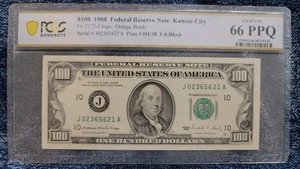 1988 $100 Dollar Bill Kansas City J-A BLOCK PCGS 66PPQ - Picture 1 of 3