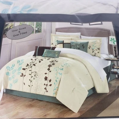 Chic Home Design Bliss Garden Juego de Edredón 8 Piezas Queen Bordado Marrón Aqua Foto 1 de 4