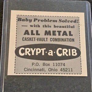 Vintage Crypt-a-Crib Funeral Ad Dark Humor Baby Casket Vault Print Ephemera - Picture 1 of 9