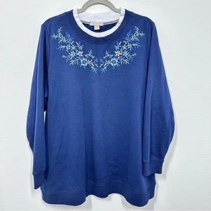 Woman Within Marineblau Blumen bestickt Doppelkragen Rundhalsausschnitt Pullover Größe 18 - Bild 1 von 5