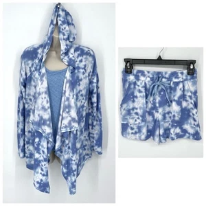 Roudelain NWT 3 Pc PJ Set Sleepwear Hooded Robe Shirt & Shorts Size S Blue White - Picture 1 of 12