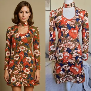 Vtg 1960s Mod Mini Dress Youthquake Floral Print High Neck Choker Collar Orange - Picture 1 of 13
