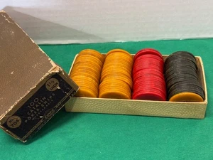 100 Vintage Lowe Catalin 1 ½" Poker Chips #704 in Original Box (Monogrammed) - Picture 1 of 12
