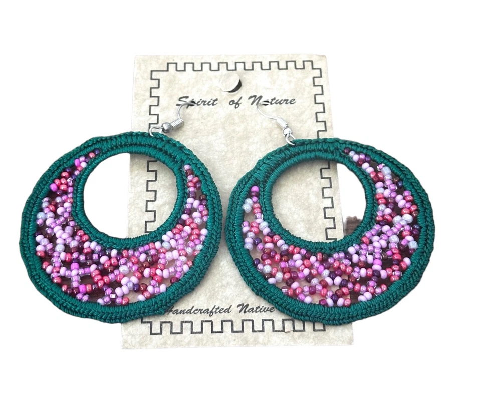 Pendientes Spirit of Nature-redondos-cuentas-hilo-verde rosa rojo-alambre francés Foto 1 de 1
