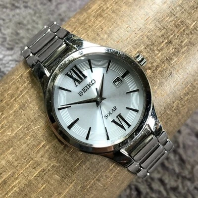 Seiko Women V137-0BH0 Date Silver Stainless Steel Solar Analog 28mm Watch 6 3/4" - Image 1 of 4
