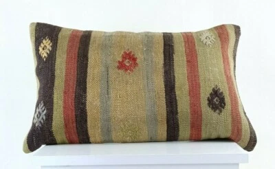 Kilim Pillow Cover 12x20 Handmade Turkish Rug Boho Ethnic Lumbar Cushion E1078 - Image 1 of 4