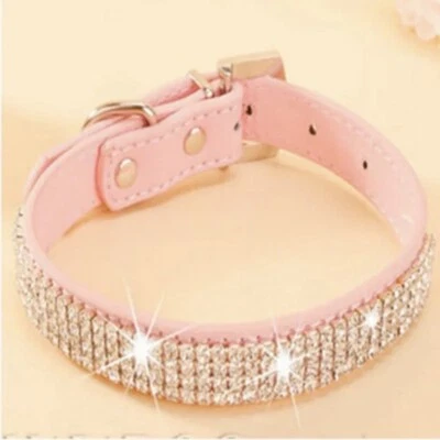 Coleira pequena de couro rosa strass para gatos e cachorros | 12,5 pol 32 cm de comprimento - Imagem 1 de 2