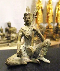 OLD THAI DEITY STATUE PLAY MUSIC, TREBLE FIEDDLE BRONZE - Picture 1 of 7
