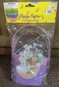 Set of 2 Plastic Pink Purple Happy Easter Bunny Spring Candy Gift Decor Basket - Picture 1 of 3