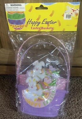 Juego de 2 canastas de plástico rosa púrpura feliz conejito de Pascua primavera caramelo regalo decoración  Foto 1 de 3
