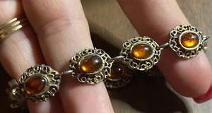 Vintage Amber Glass Cabochon Gold Tone Link Bracelet 7 1/2" - Picture 1 of 4