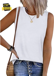 Womens Tank Tops Loose Casual Summer Tops Crew Neck Basic Sleeveless Shirts Tren - Picture 1 of 5