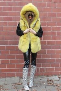 100% Real Blue Fox Fur Vest With Hood Coat Outwear Clothing Garment Yellow S/M
