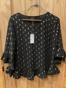 Womens XL W5 Wish Blouse Black W Gold Leafs And Ruffles 3/4 Length Sleeves - Picture 1 of 6