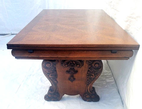 Antique 1930s Ornately Carved Oak Draw Leaf Dining Table with Claw Feet Cover