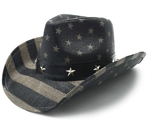 Mens American Flag Cowboy Hat, Black & White Western USA Shape-It Brim