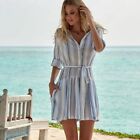 Melissa Odabash Amelia blue stripe shirt dress belted cotton pockets Size XS