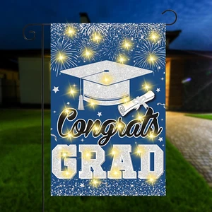 Graduation Garden Flag with LED Light, Blue Silver Graduation Decorations Yard F - Picture 1 of 7
