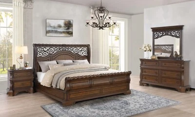 NEW Queen King 4PC Walnut Brown Classic Sleigh Bedroom Set Traditional B/D/M/N - Image 1 of 4