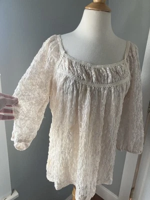 L Victoriano Marfil Encaje Elastizado Yugo Manga 3/4 Forrado Top Encubrimiento Medieval Foto 1 de 4