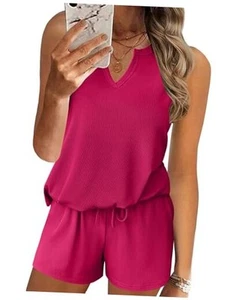 Ribbed 2 Piece Lounge Sets Sleeveless Pajama Tank and Shorts Set Summer Beach - Picture 1 of 6