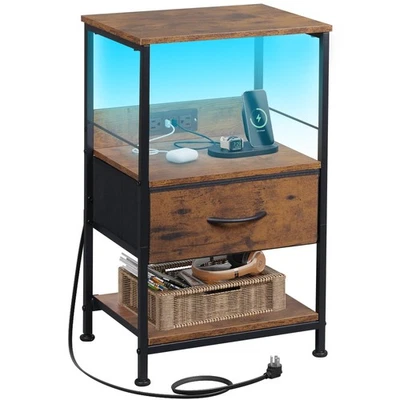 Mesita de Noche con Estación de Cargador, Mesita de Noche LED con Cajón de Tela Ajustable... Foto 1 de 4