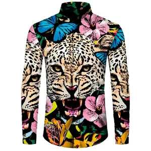 Button Down Shirt Men Fashion Leopard Turn-down Collar Button Long Sleeve Tops - Picture 1 of 11