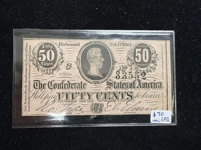 1864 50 Cent Confederate States of America Civil War Note Rare EPQ UNC - Image 1 of 3